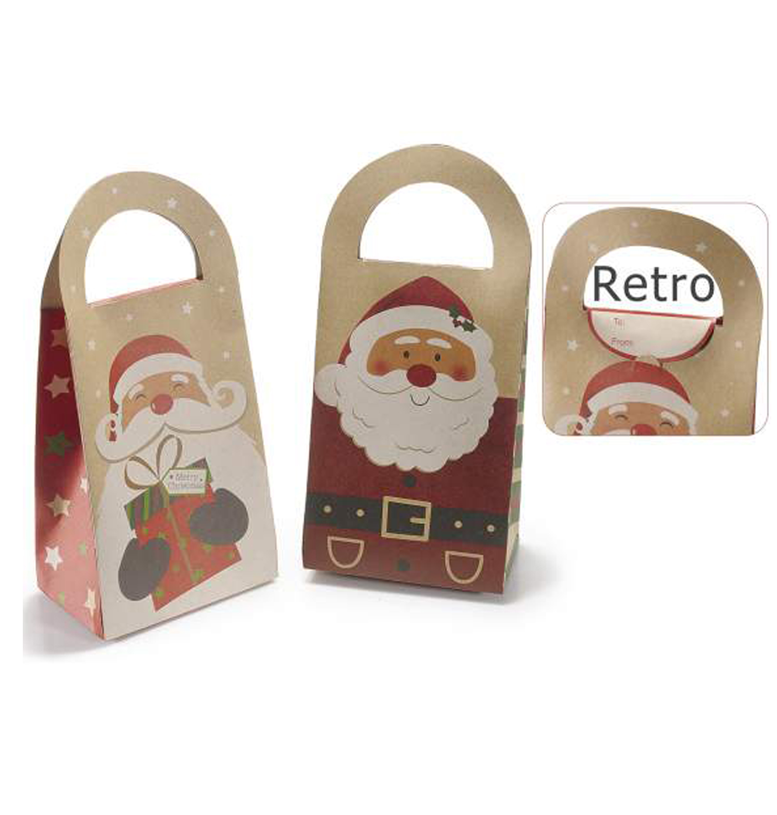 30Pz Sacchetto regalo natalizio in carta naturale con manico Babbo Natale cm11,5x7,5x18H